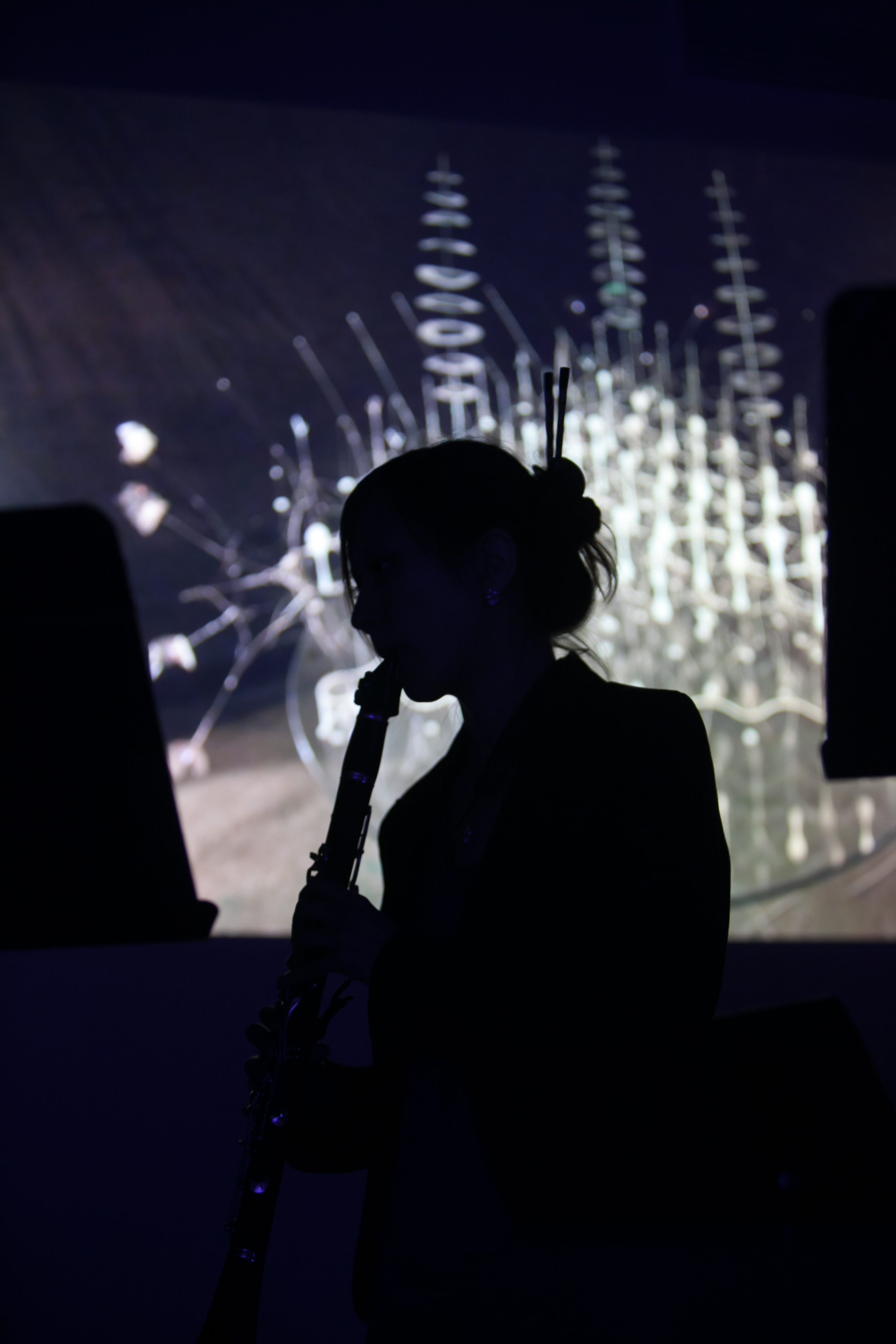 Silhouette of a woman playing clarinet against a projected background