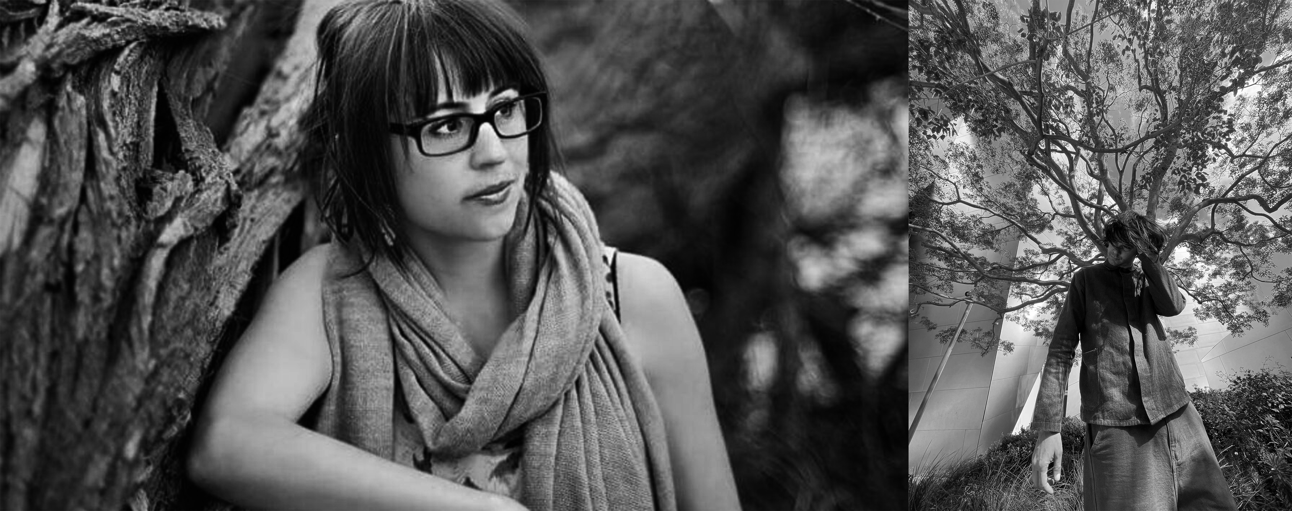 Black-and-white split image of a thoughtful woman in glasses and scarf beside a tree on the left, paired with man walking beneath leafy branches on the right.